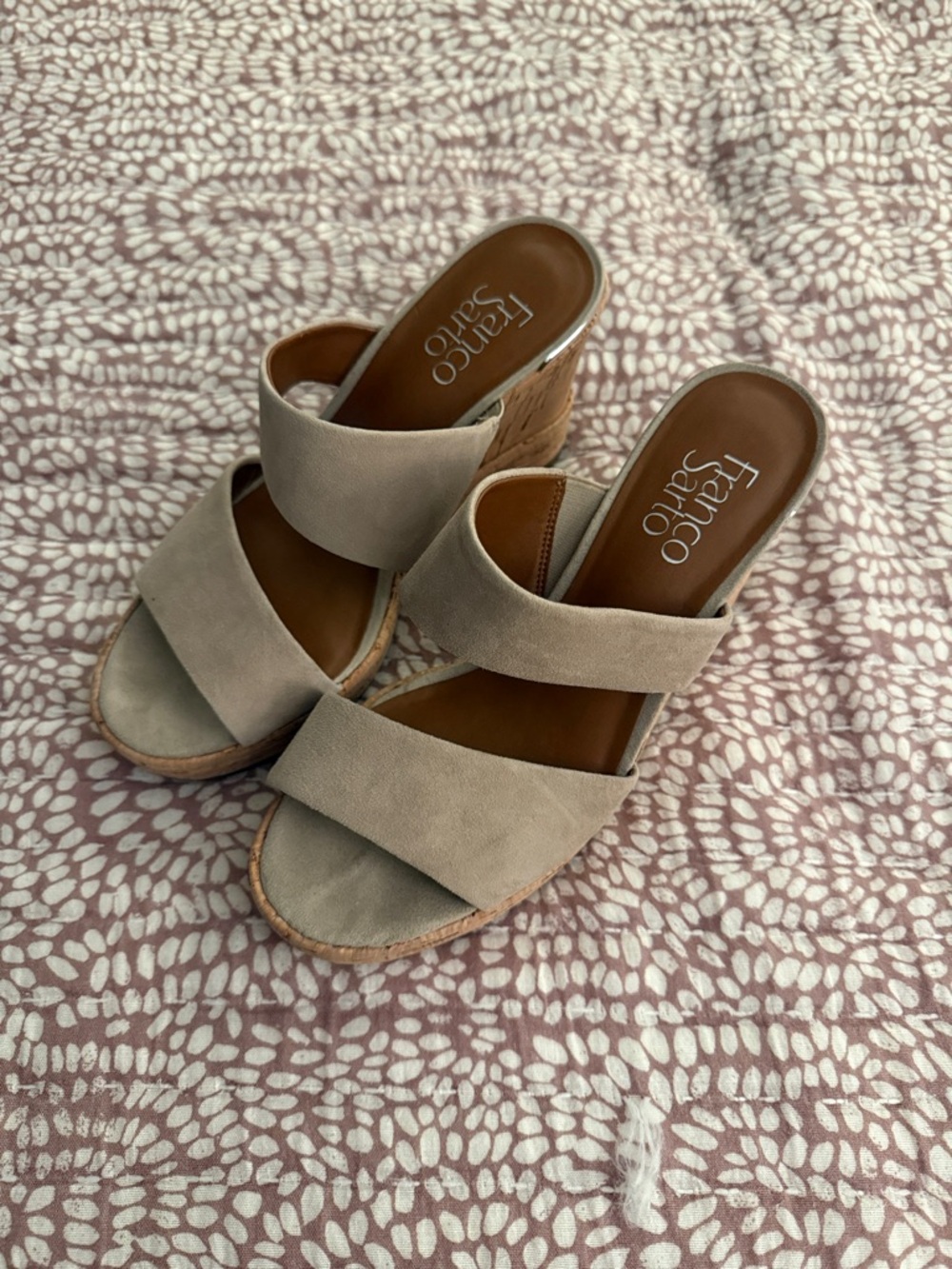 Franco Sarto Beige Suede Double-Strap Wedge Sandals Size 7.5